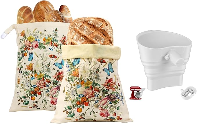 Sourdough Baking Set - 2 XL Beeswax Bread Bags for Homemade Bread (17×13 in) with Botanical Print & 1 Foldable Silicone Funnel Stand Mixer Attachment for 4.5-5 Quart Tilt-Head Mixers