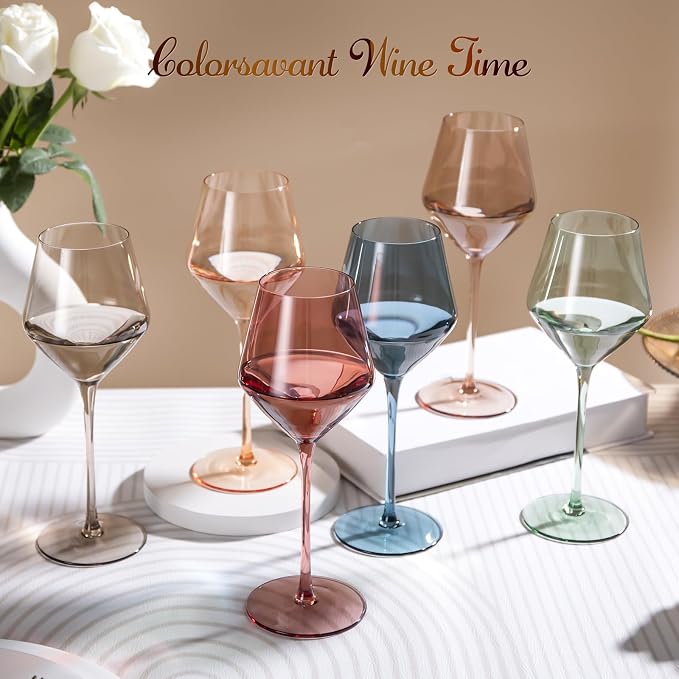 Colored Wine Glasses Set of 6-16OZ Colorful Wine Glass with Stem【HandBlown】 Muted Wine Glasses Colored Set,Wine Gifts for Mothers Day