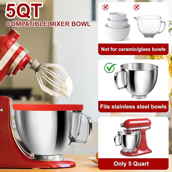 Silicone Bowl Liners Compatible with KitchenAid 4.5 & 5 Qt Tilt-Head Stand Mixer, 2 Pack Bowl Inserts with Lids, Food-Grade BPA-Free Nonstick Reusable Mixer Bowl Liners