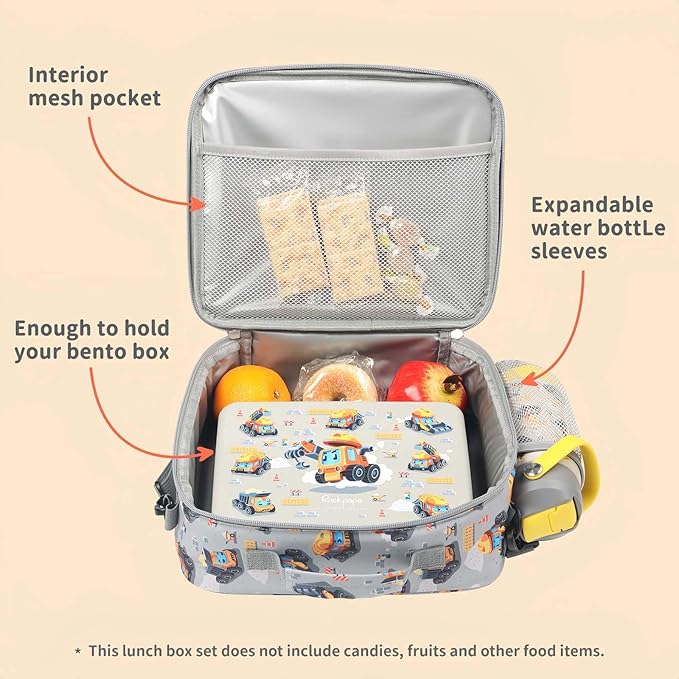 rockpapa Kids Lunch Box Set with 14oz Insulated Water Bottle & Lunch Bag, Leakproof 5.5 Cups Bento Box for School & Children, BPA-Free, Microwave Safe for Boys Girls (Grey Constr Turcks)