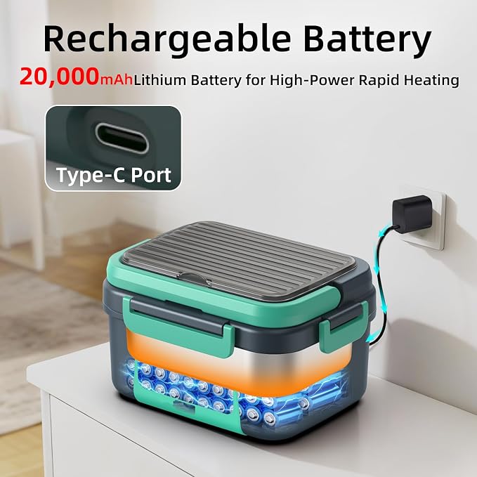 XL 6.3-Cups Cordless Electric Heated Lunch Box for Adults, Rechargeable Battery Powered Smart Self Heating Lunchbox for Men Women, 100W Food Warmer for Trucks Driver Travel Office Worker