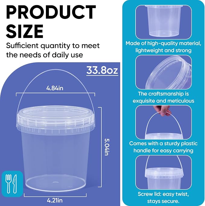4Pack 34oz Clear Bucket with Lids - Plastic Food Storage Containers, Airtight Screw-On Lids - Freezer Safe Ice Cream Bucekts, Food Grade Reusable Containers for Kitchen