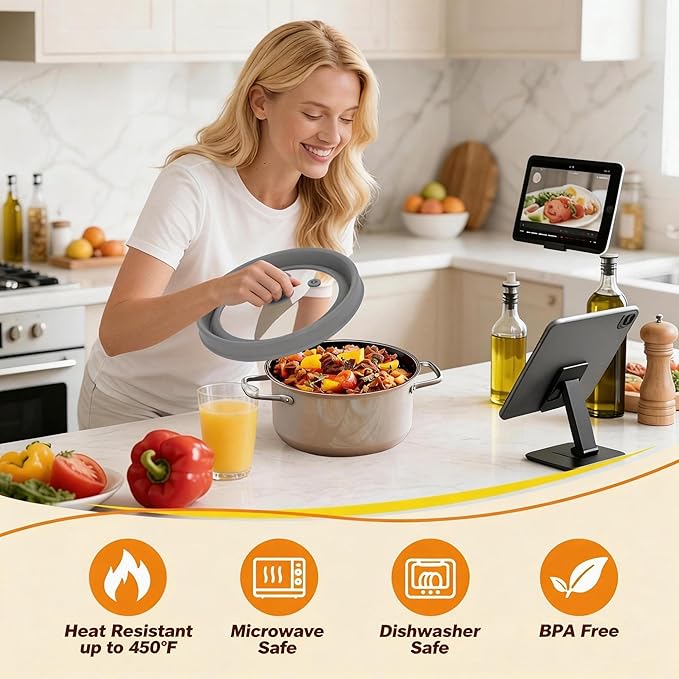 Microwave Splatter Cover - 9.8" Glass Lid with Collapsible Silicone Rim, Universal Pot & Plate Cover for Mess-Free Heating (Gray, 9.8inch)