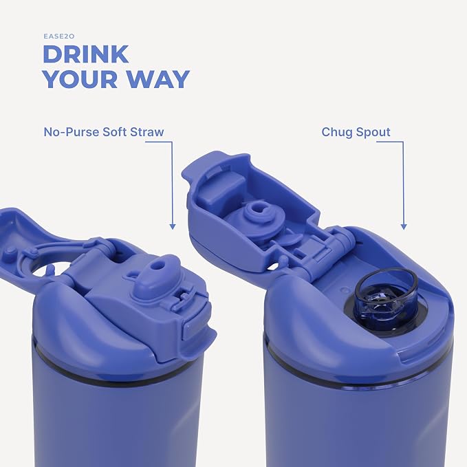 HydroJug Ease2o Water Bottle with Straw & Chug Lid, Stainless Steel, Vented Cap to Help Reduce Pressure, Water-Level Window, Cup Holder Friendly, Non-Slip Base – 24oz, Berry Pop