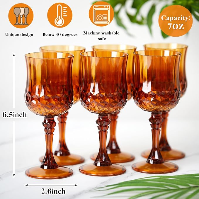 Pinkunn 6 Pcs 7 oz Plastic Vintage Wine Glasses Reusable Colored Goblets Patterned Drinking Water Glasses Cup Dishwasher Safe for Mother's Day Wedding Reception Party Supplies (Amber)