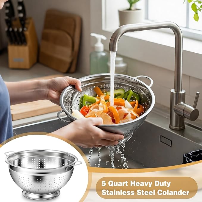 Maxdot 2 Pack 5 Quart Heavy Duty Stainless Steel Colander with Footed Base and Handles Pasta Spaghetti Berry Fruit Vegetable Kitchen Food Strainer Basket