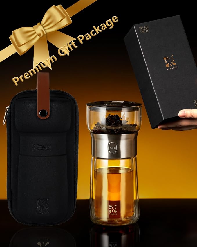 ZENS Modern Tea Infuser Teapot, One Touch Tea Maker for Loose Leaf Tea | Glass Magic Tea Pot, Mess free Tea Steeper with Insulated Mug, Portable Tea Infuser with Case for Tea Lovers