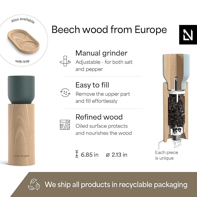 LARS NYSØM Wooden Salt and Pepper Grinder Set Manual - Salt and Pepper Mills with Adjustable Ceramic Grinder - Elegant Beechwood Pepper and Salt Mill Set for Dining Table (Blue)