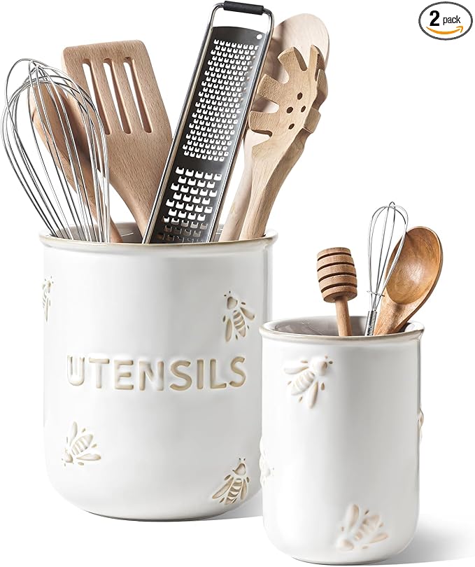 LE TAUCI Kitchen Utensil Holder Set of 2 - 6.9"+5.3" Large Ceramic Cooking Utensil Crock & Organizer for Spatula, Spoon, Whisk - Farmhouse Countertop Storage, Arctic White, Embossed, Bee