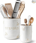 LE TAUCI Kitchen Utensil Holder Set of 2 - 6.9"+5.3" Large Ceramic Cooking Utensil Crock & Organizer for Spatula, Spoon, Whisk - Farmhouse Countertop Storage, Arctic White, Embossed, Bee