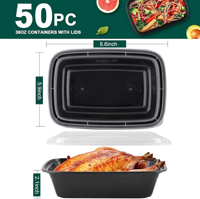 Meal Prep Containers 38 OZ, Plastic Food Prep Containers with Lids, BPA-Free, Stackable, Microwave, Dishwasher Safe Disposable To Go Container for Meal Plan, 50-Pack