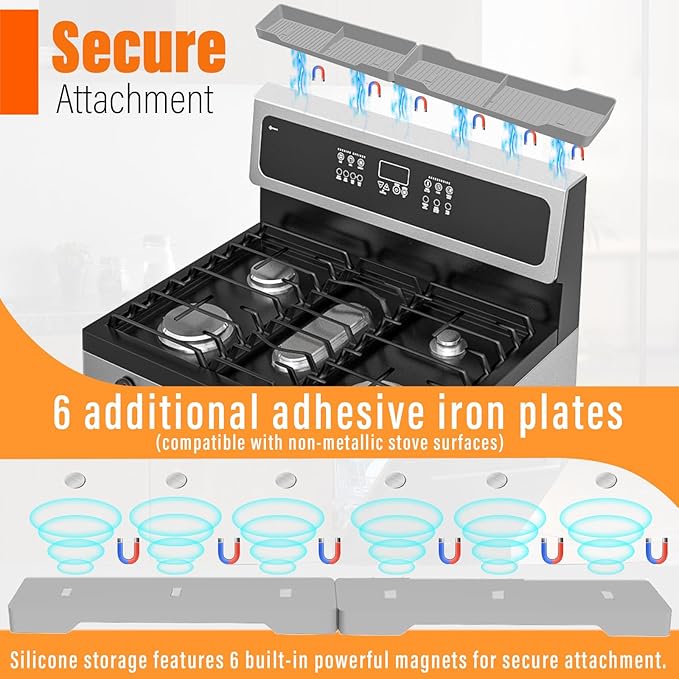 Stove Gap Covers Stainless Steel 2PC(0.08"–0.7"W,13.8"–27.5"L) + 30"(2x15") Magnetic Stove Shelf|2-in-1 Adjustable Counter Gap Filler&Range Organizer|Heat Resistant Bonus Cleaning Brushes&Pads