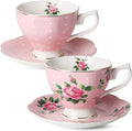 BTaT- Floral Tea Cups and Saucers, Set of 2, 8 oz, Fine Porcelain Teacup Set with Gold Trim for Afternoon Tea, Weddings, Parties & Gifting, Dishwasher Safe, Lightweight, Non-Toxic