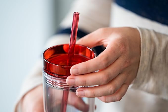 STRATA CUPS 12 Colored Skinny Tumblers with Lids and Straws | 16oz Reusable Cup Double-Wall Clear Tumbler with Lid and Straw, Durable Acrylic Tumblers With FREE Straw Cleaner & Name Tags