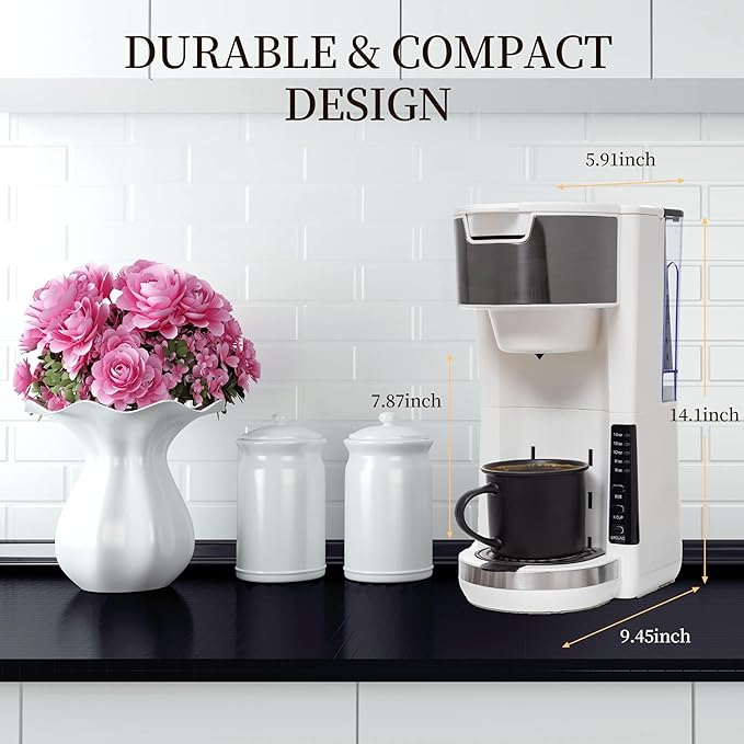 Single Serve Coffee Maker, 2 in 1 for Ground Coffee&Pods, 180s Rapid Brew with 5 Cup Sizes 6-14oz, Auto Shut Off, Small Compact Travel Coffee Machine for Home Office Camping