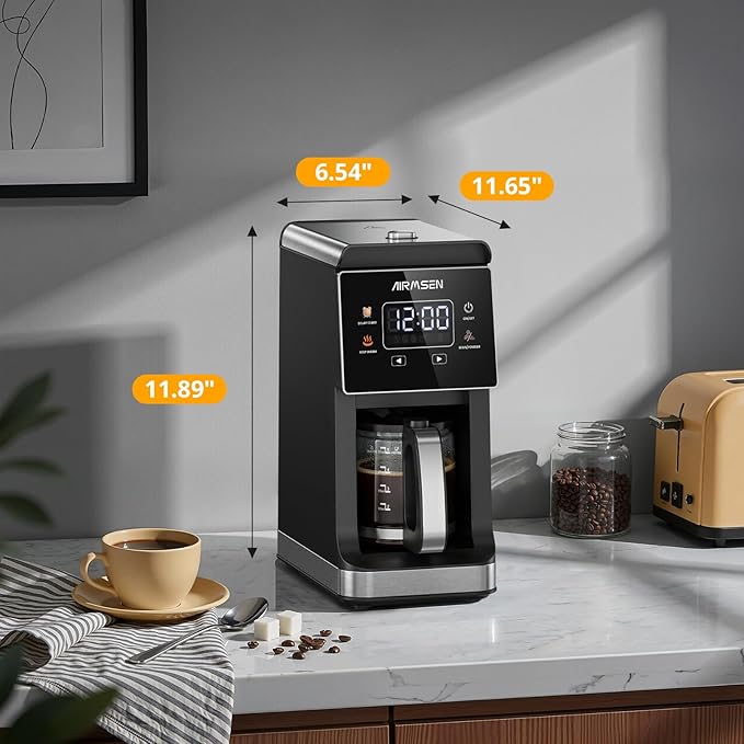 AIRMSEN Grind & Brew Coffee Maker with Built-in Grinder, Programmable Single Serve Coffee Maker - 5 Cup-800ML, 3 Grind Settings, Auto Keep Warm & Glass Carafe for Small Home and Office