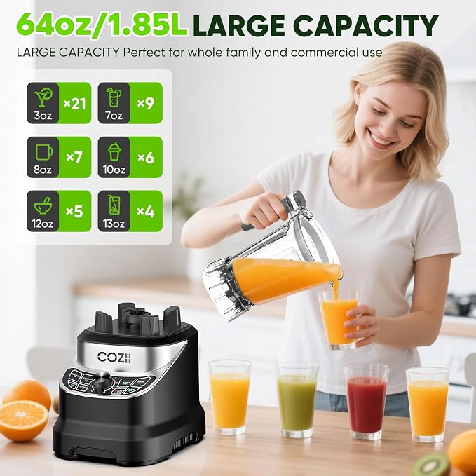 COZII Professional Blenders 2000W for Kitchen with 64oz Pitcher & 21oz To-go Cup, Quiet Blender for Smoothies/Ice Crushing/Frozen Drink/Nut Milk, 7 Preset Programs & 8 Speed Control, Dishwasher Safe