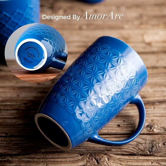 AmorArc Coffee Mugs Set of 6, 16oz Ceramic Lagre Coffee Mugs Set with Textured Geometric Patterns for Latte/Tea/Beer/Hot Cocoa, Dishwasher & Microwave Safe, Blue