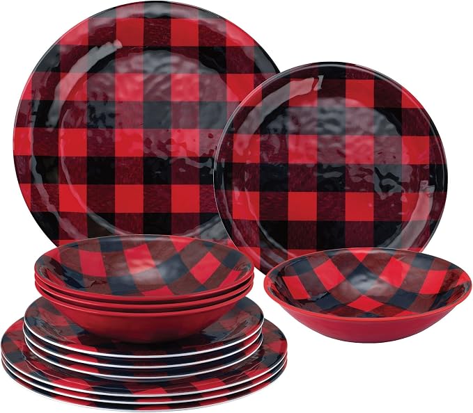 UPware 12 Piece Buffalo Plaid Melamine Dinnerware Sets, Outdoor Dishes Set, Plates and Bowls Sets, Christmas Decorations, Service for 4, Red