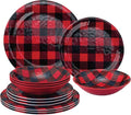 UPware 12 Piece Buffalo Plaid Melamine Dinnerware Sets, Outdoor Dishes Set, Plates and Bowls Sets, Christmas Decorations, Service for 4, Red