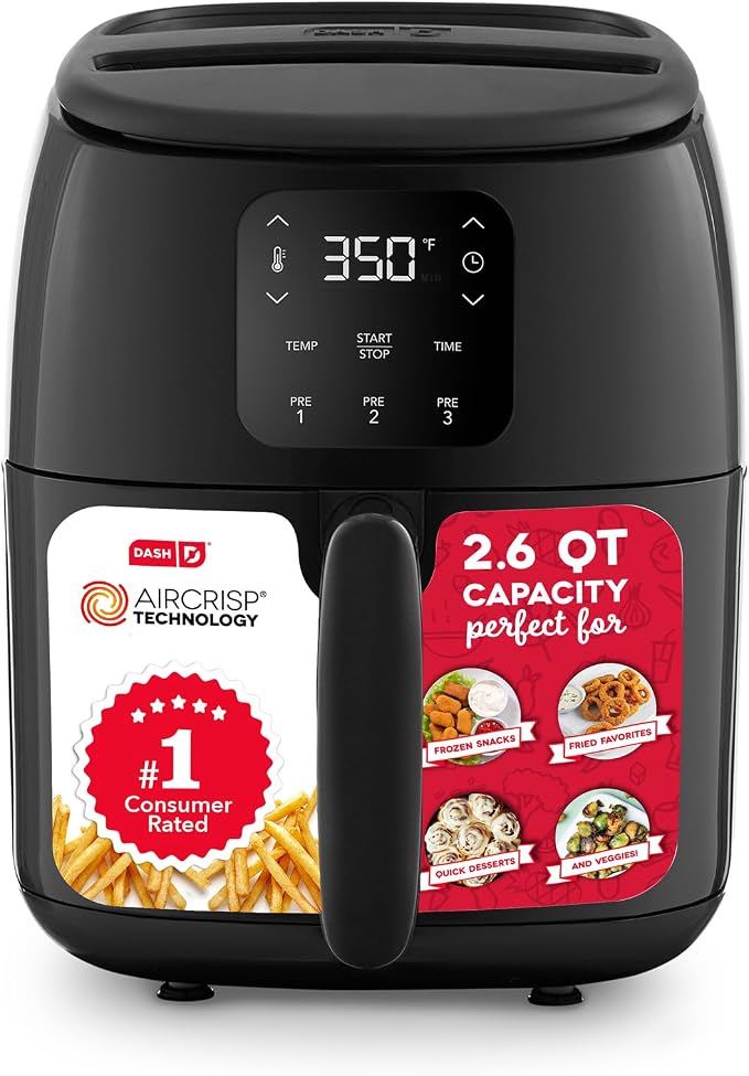 Dash Tasti-Crisp™ Digital Air Fryer – 2.6 Quart Small Compact Mini Air Fryer for French Fries, Nuggets & More, 1-2 People, Auto Shut Off, Adjustable Temp, Dishwasher Safe Parts - Black