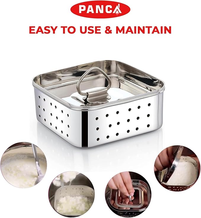 PANCA Stainless Steel Square Shape Indian Paneer/Tofu Press Mould Maker (450 Ml), Size-12.5X12.5X4.5 Centimeters, Silver (Big)