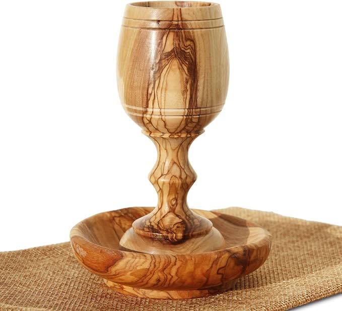 4.5" (Small) Olive Wood Communion Set from Bethlehem – Hand Carved Cup & Bread Tray for Lord's Supper, Eucharist & Kiddush – Authentic Worship Kit with Gift Bag