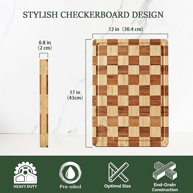 XL Bamboo Cutting Board for Kitchen Extra Large Checkered End Grain Wood Chopping Board with Deeper Juice Grooves Wooden Butcher Block for Kneading Dough, Meat, Cheese & Charcuterie