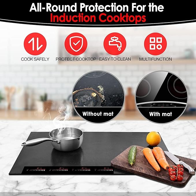 KitchenRaku Large Induction Cooktop Protector Mat, (Magnetic) Electric Stove Burner Covers Antiscratch as Glass Top Stove Cover or Electric Stove Top (Monochromatic Black，24x20.8 Inch)