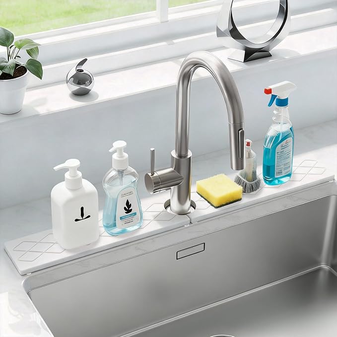Stone Faucet Mat for Kitchen Sink, Diatomite Drying Stone Tray Sink Protector, Water-Absorbing Splash Guard, 2 Pieces Faucet Mat Together with Sandpaper, Prevent Moisture on Kitchen Bathroom Counter