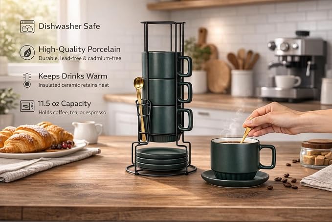Coffee Mug Set of 4-11.5 Oz Porcelain Stackable Coffee Mugs with Saucers, Spoons & Metal Stand - Ceramic Tea Cups with Rack - Dishwasher & Microwave Safe