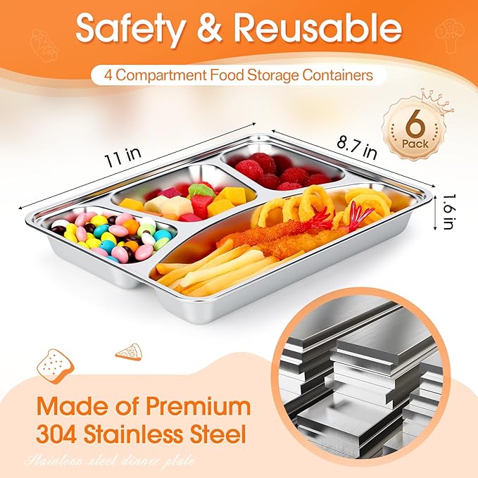 Patelai 6 Pcs Stainless Steel Snack Containers with Clear Flexible Lids Large 4 Compartment Heavy Duty Travel Bento Box Adult Lunch Box Reusable Food Storage Containers Plates for Office Home