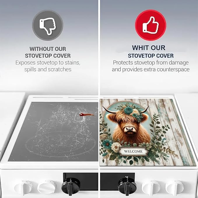 HOMETITUTE Stove Top Cover for Electric Diatomite Welcome Mat 28x20 Inch Highland Cow Kitchen Decor Farmhouse Countertop Protector Coffee Mat Heat Resistant Electric Stovetop Cover Pad