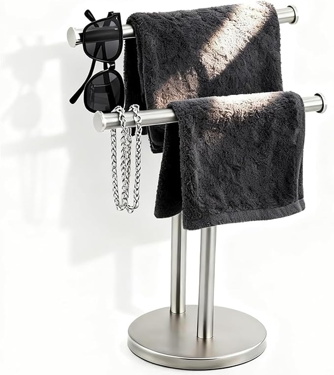 Hand Towel Holder, NEWRAIN Double Countertop Hand Towel Holder Stand, Stainless Steel Free Standing Hand Towel Rack with Heavy Base, for Bathroom Kitchen & Counter top, Brushed Nickel