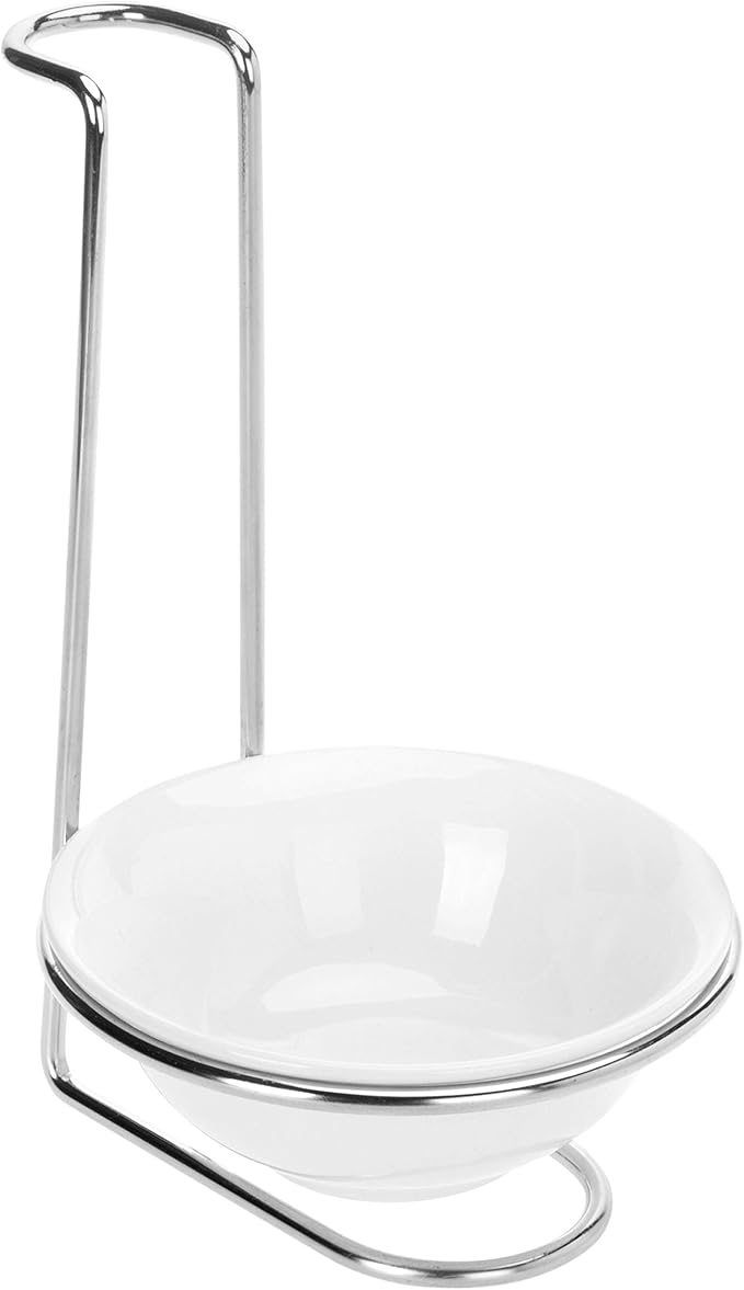 MyGift White Ceramic Ladle Holder Spoon Rest, Upright Single Cooking Utensil Holder, Vertical Drip Catcher Dish with Stainless Steel Stand for Kitchen Counter
