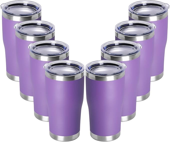 DOMICARE 20oz Tumbler with Lid Stainless Steel Tumblers Bulk, Double Wall Vacuum Insulated Coffee Travel Mug Powder Coated Tumbler, 8 Count (Pack of 1) Purple