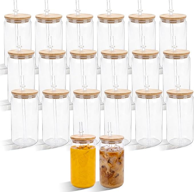 20 Pack Clear Plastic Cups with Bamboo Lids and Straws, 16 oz Acrylic Mason Jars Reusable Iced Coffee Cups Unbreakable Drinking Glasses for Poolside, Party Giveaways, Park Picnic