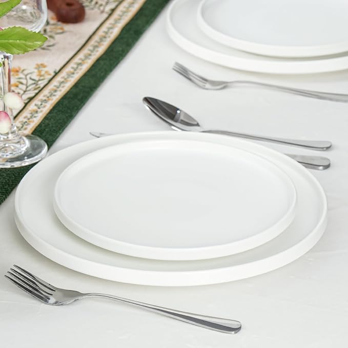 Ceramic Salad & Dessert Plates Set, 8 Inch, Set of 4, Modern White | Stoneware, Dishwasher & Microwave Safe, Small Dinner Plates, For Cake, Fruits, Waffle, Pasta, Salad