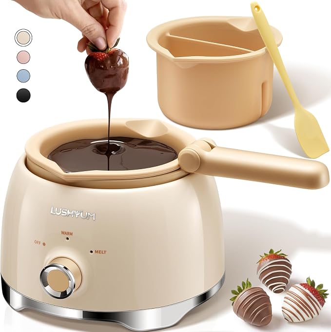 LUSHYUM Electric Chocolate Melting Pot with 2 Insert Pots, 4-Cup Chocolate | Even Heating & Fast Melting, BPA-Free Silicone, Easy Clean, Less Waste, Ideal for Chocolate & Candy Melts, Parties & Fondue