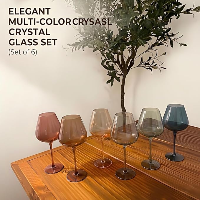 Physkoa Colored Burgendy Wine Glasses Set 6-18oz HandBlown Colorful Wine Glass With Long Stem,Multi Color Mothers Day Wine Glasses Gift for Women Mom