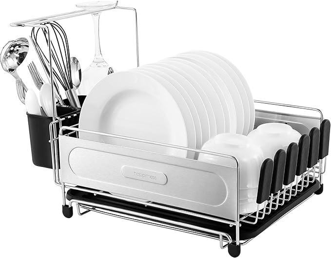 Eyely HSD1000A Compact 17.25" Stainless Steel Rust-Proof Dish Drying Rack with Removable Tray, Removable Utensil Holder, and Wine Glass Holder, Stainless Steel/Black, Silver/Black