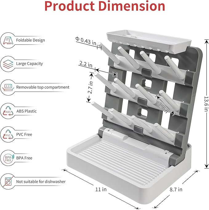 Baby Bottle Drying Rack, Vertical Standing Bottle Drying Rack Holder-Space Saving Baby Bottle Organizer for Countertop-Holds Up to 12 Baby Bottles & Pump Parts (White & Dark Gray)