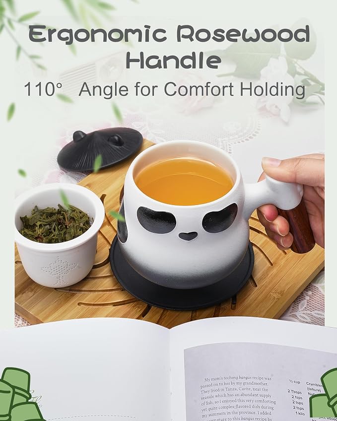 ZENS Tea Cup with Infuser and Lid, 11 oz Cute Panda Tea Mug with Strainer and Coaster for Loose Leaf Tea Steeper, Ceramic Tea Cup for Daughter, Collector's Mug Gifts