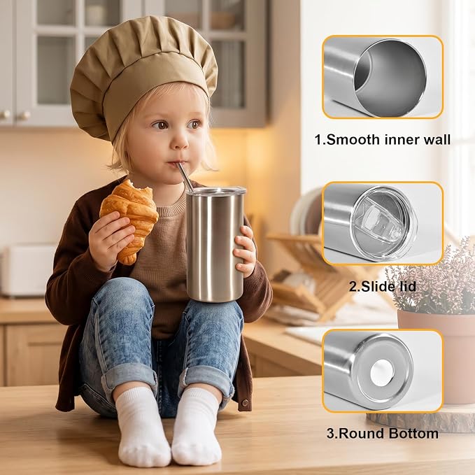 AGH 12OZ Sublimation Silver Tumbler with Lids and Straws 4Pack Stainless Steel Straight Skinny Tumblers for Kids Double Wall Insulated Cup for Water Juice and Travel.Great DIY Gift for Kids