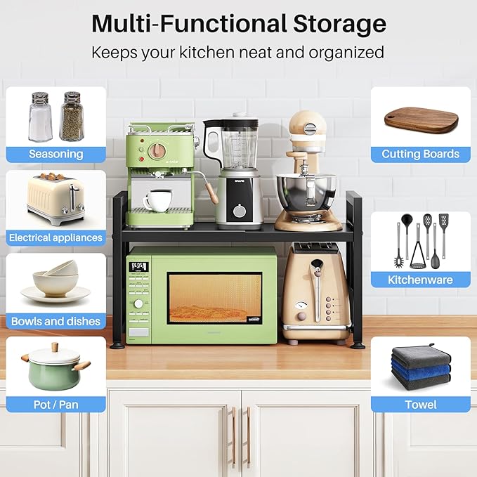 Expandable Microwave Stand Countertop, 2-Tier Adjustable Microwave Oven Rack with 8 Hooks & 2 Holders, Heavy Duty Carbon Steel Microwave Shelf for Kitchen Counter Organizer and Storage, Holds 120lbs