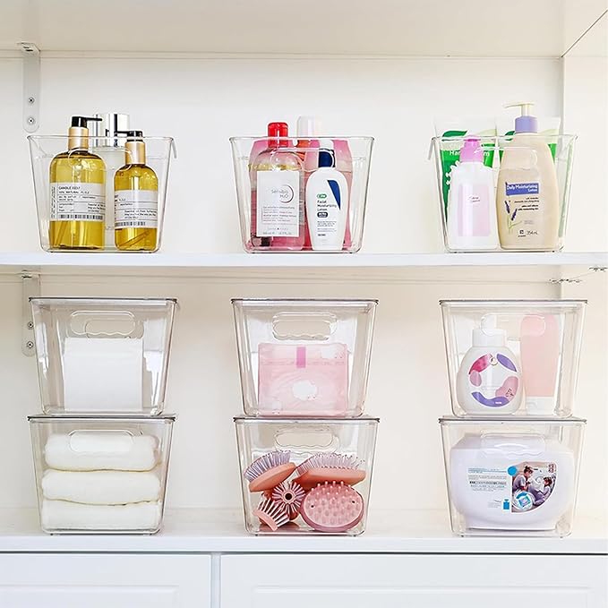 4Pcs Clear Organizer Bins with Lids, PET Plastic Storage Bins 11x6x6.2 Cabinet Organizer with Handle Perfect for Bathroom, Cabinet, Kitchen, Fridge Pantry Organizers And Storage
