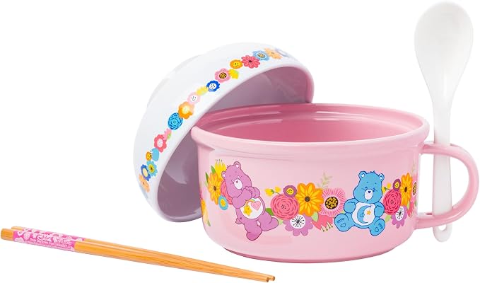Silver Buffalo Care Bears Soup Mug and Bowl Lid with Spoon and Chopsticks Featuring Bedtime Bear, Best Friend Bear, Wish Bear, and Cheer Bear, 13 Ounce Bowl Lid and 22 Ounce Mug