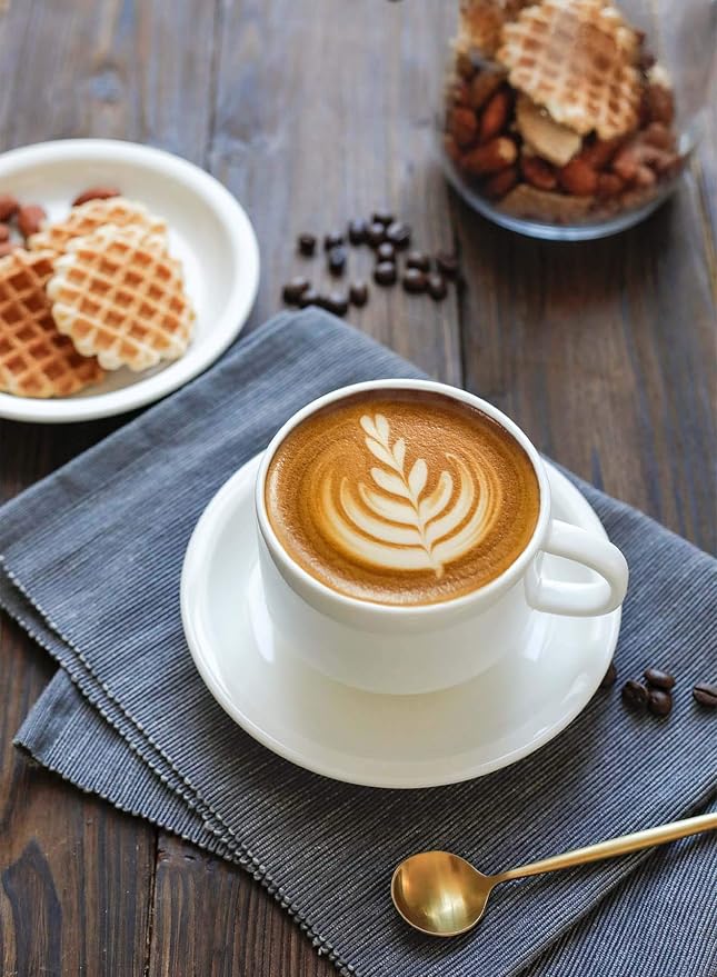 Sweese 8 Ounce Porcelain Stackable Cappuccino Cups with Saucers and Metal Stand - for Specialty Coffee Drinks, Cappuccino, Latte, Americano and Tea - Set of 4, White
