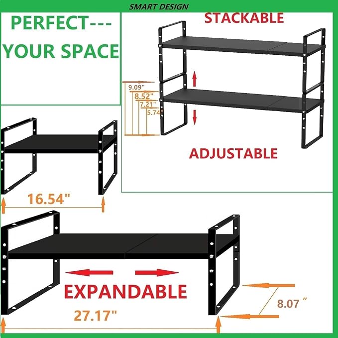 Jojocross Expandable Stackable Spice Rack Cabinet Shelf Organizer in Cabinets Shelves Kitchen Cupboard Organization Stack up Racks Pantry Countertop Storage Medium/Black 3 Packs