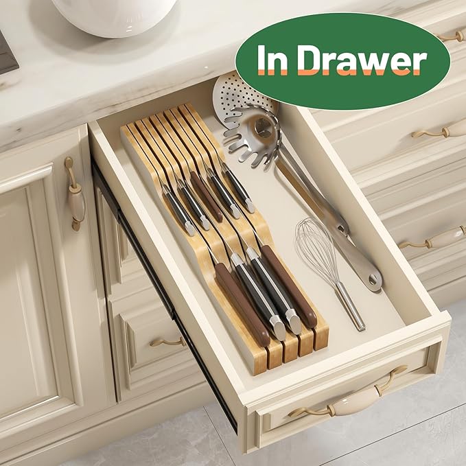 Knife Drawer Organizer, Bamboo Wood Knife Holder, Brown Knife Block Fit for 7 Knives